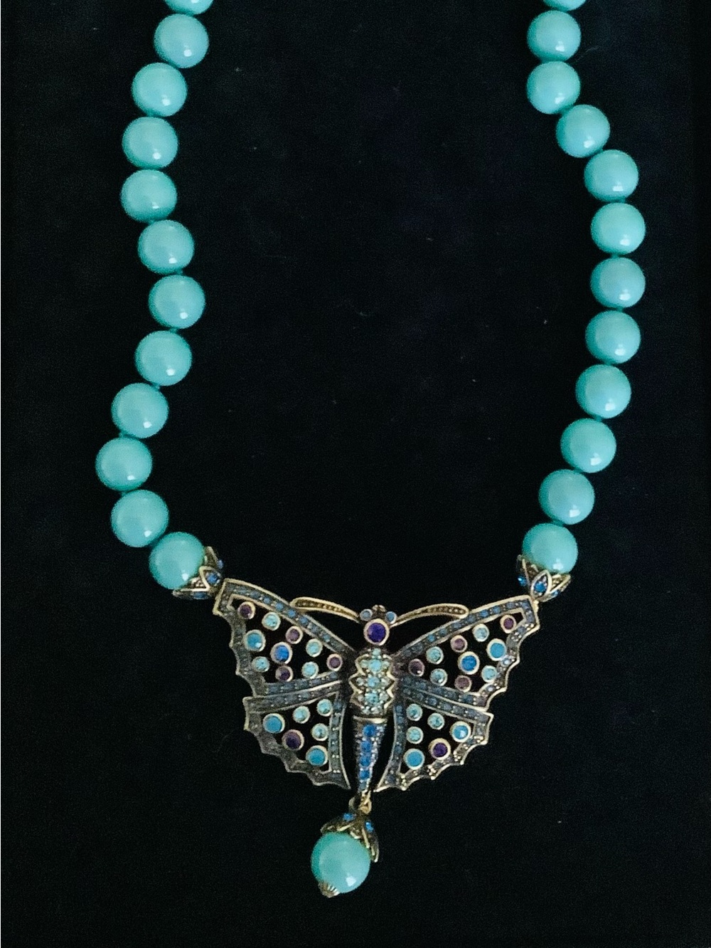 HEIDI DAUS FAUX TURQUOISE BEADS MONARCH BUTTERFLY STATEMENT NECKLACE ADJUSTABLE